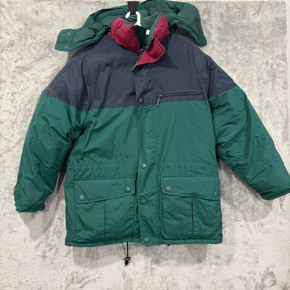 Vintage Eddie Bauer Goose Down Parka Jacket Medium Green Navy Colorblock Hooded